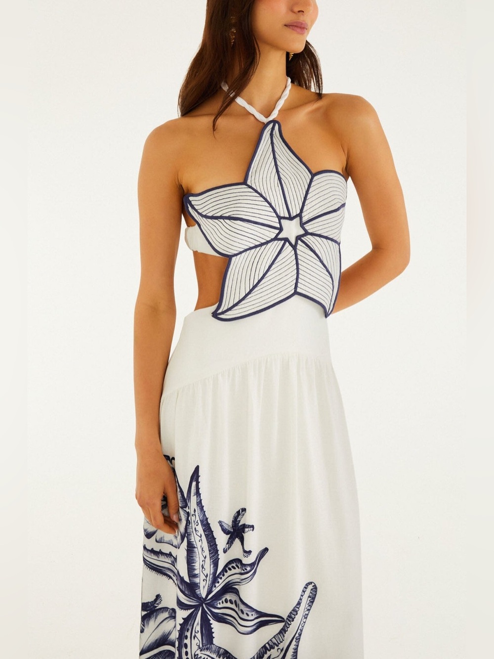 FARM Rio White Maxi Dress with Navy Floral and Starfish Appliqué - Picture 4 of 8